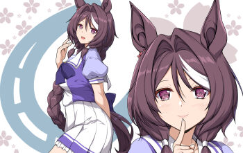 Rule 34 | 1girl, animal ears, blush, bow, bowtie, braid, breasts, brown hair, closed mouth, commentary, english commentary, flower, flower in eye, hair between eyes, highres, horse ears, horse girl, horse tail, long braid, long hair, looking at viewer, medium breasts, open mouth, pink eyes, pleated skirt, puffy short sleeves, puffy sleeves, purple bow, purple bowtie, purple eyes, purple shirt, sailor collar, sakura chitose o (umamusume), school uniform, sheita, shirt, short sleeves, skirt, smile, symbol in eye, tail, tracen school uniform, umamusume, white sailor collar, white skirt