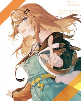 1girl bare_shoulders belt black_choker blue_eyes brown_hair choker floating_hair hair_ornament highres igarashi_rika jacket lightning_bolt_symbol long_hair long_sleeves looking_at_viewer multicolored_hair nijisanji off_shoulder open_clothes open_jacket open_mouth orange_hair overalls pointing shikiya_0025 simple_background smile solo streaked_hair virtual_youtuber white_background white_hair x_hair_ornament yellow_belt