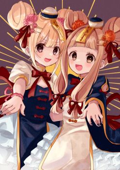 2girls :d black_nails blonde_hair blue_dress blue_hat blush bow breasts brown_background brown_eyes brown_hair cleavage commentary_request double_bun dress flower futaba_anzu hair_bun hair_flower hair_ornament hairclip halloween hat highres ichihara_nina idolmaster idolmaster_cinderella_girls idolmaster_cinderella_girls_starlight_stage jiangshi_costume long_sleeves looking_at_viewer multiple_girls nail_polish ofuda open_mouth orange_flower pink_flower puffy_short_sleeves puffy_sleeves qingdai_guanmao red_bow rino_cnc short_sleeves sidelocks small_breasts smile v-shaped_eyebrows white_hat wide_sleeves
