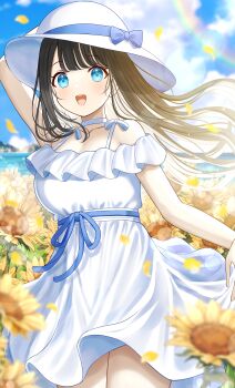 Rule 34 | 1girl, absurdres, arm behind head, black hair, blue bow, blue eyes, blue ribbon, bow, cloud, collarbone, dress, flower, hat, hat bow, hat ribbon, highres, long hair, meadow, mizukoshi (marumi), open mouth, original, ribbon, sky, smile, solo, sundress, sunflower, white dress, white hat
