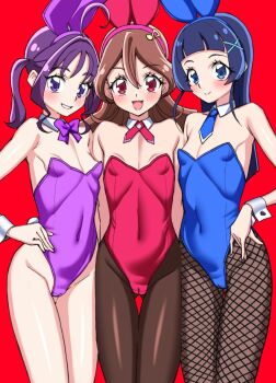 3girls ahoge animal_ears aokaze_nana asortofcolorfag blue_eyes blue_hair blue_leotard blue_necktie blush bow bowtie breasts brown_hair brown_pantyhose cameltoe closed_mouth colorized commentary covered_navel english_commentary fake_animal_ears fishnet_pantyhose fishnets groin hair_between_eyes hair_ornament hairclip highres kimi_to_idol_precure leotard long_hair miyagoe_yoshitsuki multiple_girls necktie open_mouth pantyhose playboy_bunny precure purple_bow purple_bowtie purple_eyes purple_hair purple_leotard rabbit_ears red_background red_eyes red_leotard sakura_uta_(precure) shigure_kokoro short_hair simple_background small_breasts smile white_wrist_cuffs wrist_cuffs