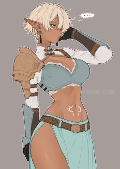 Rule 34 | ..., 1girl, absurdres, arm guards, armor, belt, black gloves, blue eyes, blue skirt, boobplate, breastplate, breasts, brown belt, brown hair, cleavage, commentary, cowboy shot, earrings, elf, english commentary, facial tattoo, gloves, grey background, highres, jewelry, lace trim, large breasts, long pointy ears, multiple earrings, navel, original, parted lips, patreon username, pauldrons, pointy ears, rune (yiiande), short hair, shoulder armor, side slit, simple background, single pauldron, skirt, solo, spoken ellipsis, standing, stomach tattoo, tassel, tassel earrings, tattoo, yiiande