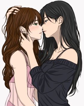 2girls black_hair black_sweater blush bra_strap breasts brown_eyes cleavage commentary_request couple eye_contact from_side hand_on_another's_head hand_on_another's_neck highres imminent_kiss lingerie long_hair looking_at_another m-s-m-p multiple_girls negligee off-shoulder_sweater off_shoulder original pink_negligee profile simple_background straight_hair sweater three-quarter_sleeves underwear upper_body white_background yuri