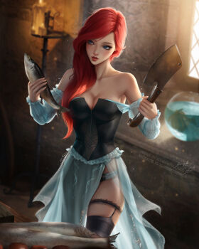 1girl animal ariel_(disney) bare_shoulders black_thighhighs blondynkitezgraja blue_dress blue_eyes blurry blush breasts candle candlelight candlestand cleavage collarbone commentary cowboy_shot cutting_board depth_of_field dress english_commentary female_focus fish fish_tank frills garter_straps highres holding holding_animal holding_fish holding_knife indoors kitchen_knife knife long_hair long_sleeves looking_away medium_breasts off-shoulder_dress off_shoulder parted_lips red_hair red_lips see-through_clothes side_slit signature skindentation solo the_little_mermaid_(disney) thigh_strap thighhighs wall watermark web_address window