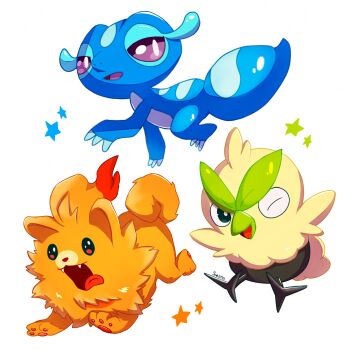 Rule 34 | beak, blue skin, bright pupils, browt, colored skin, fangs, feathers, gecqua, gen 10 pokemon, highres, nintendo, no humans, one eye closed, open mouth, orange fur, pokemon, pokemon (creature), pokemon focus, pombon, siestingtime, simple background, smile, star (symbol), starter pokemon trio, tail, tongue, tongue out, white background, white pupils