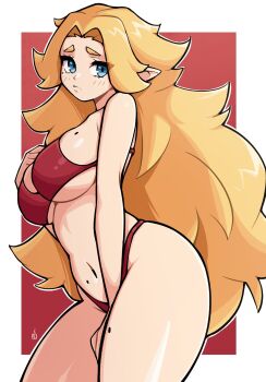 1girl between_legs bikini blonde_hair blue_eyes border breasts closed_mouth commentary cowboy_shot curvy english_commentary hand_between_legs highres large_breasts long_hair looking_at_viewer mole mole_on_breast mole_on_stomach mole_on_thigh multiple_moles oninuer original outside_border pointy_ears red_background red_bikini solo swimsuit thighs white_border