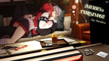 1boy 1girl absurdres artist_name asymmetrical_legwear blurry braid commentary english_commentary grey_hair highres jewelry long_braid long_hair miniskirt red_hair ring shiwudesu skirt thighs twin_braids ukinami_yuzuha wise_(zenless_zone_zero) zenless_zone_zero