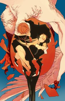 2girls absurdres ambrosia_(dungeon_meshi) bare_shoulders barefoot bird_wings black_dress blonde_hair blue_background chinese_commentary claws collarbone commentary_request cracked_egg detached_collar detached_sleeves dress dripping dungeon_meshi eggshell falin_touden falin_touden_(chimera) feathered_wings feathers fur-trimmed_sleeves fur_trim green_eyes hair_over_one_eye headscarf highres holding holding_staff kesou_yaoshui_er knees_up liquid long_hair marcille_donato marcille_donato_(lord) monster_girl multiple_girls orange_hair scales shards short_hair staff strapless strapless_dress swept_bangs taur wings