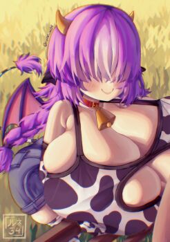absurdres animal_print bat_wings bell breasts covered_eyes cow_print cowbell denim denim_shorts highres horns huge_breasts paizuri perpendicular_paizuri purple_hair rune_w34 short_hair shorts shortstack wings