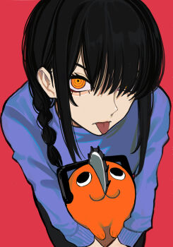 1girl 1other :3 absurdres aegyo_sal black_hair blue_sweater braid braided_ponytail chainsaw chainsaw_man hair_over_one_eye hair_over_shoulder highres looking_at_viewer medium_hair nayuta_(chainsaw_man) pochita_(chainsaw_man) red_background ringed_eyes sailen0 simple_background sweater tongue tongue_out