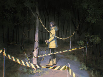 1girl boots brown_hair caution_tape coat commentary_request dark forest from_side grass hair_between_eyes highres holding_tape hood horror_(theme) izunayasan looking_at_viewer looking_back nature night original outdoors path red_eyes road scenery short_hair smile solo standing tree yellow_boots yellow_coat yellow_theme