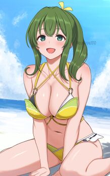 1girl :d aqua_eyes beach between_legs bikini blush breasts cleavage commission green_bikini green_hair hand_between_legs highres hiyori_(senran_kagura) large_breasts long_hair looking_at_viewer multicolored_bikini navel ocean official_alternate_costume open_mouth senran_kagura senran_kagura_new_link side_ponytail sitting skeb_commission smile solo surippa1010 swimsuit textless_version twitter_username two-tone_bikini wariza yellow_bikini