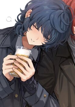 2boys alcohol aoba_tsumugi beer blue_coat blue_hair blue_sweater blush brown_coat buttons closed_eyes coat commentary drink drunk ensemble_stars! fingernails highres holding holding_drink lapels leaning_on_person locked_arms long_sleeves male_focus multiple_boys parted_lips red_hair sakasaki_natsume short_hair simple_background smile sweater teeth tsmkwa upper_body wavy_hair white_background wispy_bangs yaoi
