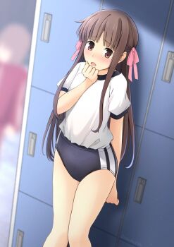 Rule 34 | 1girl, against locker, alternate costume, black buruma, blush, brown eyes, brown hair, buruma, commentary request, commission, fruits basket, gym shirt, gym uniform, hair ribbon, honda tohru, long hair, looking at viewer, nose blush, ribbon, shibacha, shirt, skeb commission, solo, t-shirt, white shirt