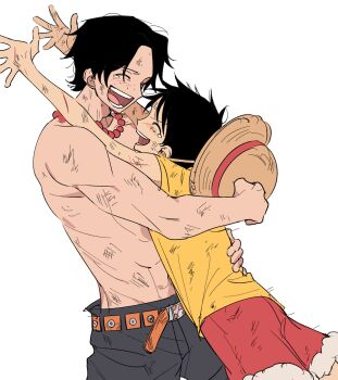 2boys ^_^ black_hair black_shorts blush brothers closed_eyes freckles hat highres hug jewelry male_focus monkey_d._luffy multiple_boys necklace one_piece open_mouth pachi1014813 pearl_necklace portgas_d._ace red_shorts sash scar scar_on_face shirt short_hair shorts siblings simple_background sleeveless sleeveless_shirt straw_hat tears topless_male white_background