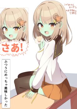 1girl 3kan_noka absurdres artistic_error black_thighhighs breasts colored_skin commentary_request food from_behind green_skin hair_ornament highres holding holding_food medium_breasts open_mouth orange_skirt original pleated_skirt red_eyes school_uniform serafuku shirt simple_background sitting skirt solo thighhighs white_background white_shirt