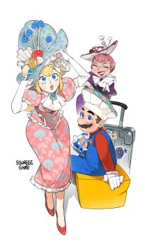 1boy 2girls ^_^ artist_name ascot blonde_hair blue_eyes blue_eyeshadow blue_hat blue_overalls blue_pants box brooch brown_hair cece_(zelda) cece_hat_(zelda) closed_eyes commentary_request dress earrings elbow_gloves eyeshadow facial_hair food_print frilled_dress frilled_sleeves frills glasses gloves hands_up hat high_heels highres holding holding_removed_eyewear jewelry korean_commentary long_hair long_sleeves looking_at_another makeup mario mario_(series) multiple_girls mushroom mushroom_hat mushroom_print mustache nintendo overalls own_hands_together pants pink_dress pink_hair pink_lips pointy_ears princess_peach print_dress puffy_short_sleeves puffy_sleeves purple_dress purple_lips red_shirt red_shoes rolling_suitcase shirt shoes short_hair short_sleeves simple_background sitting sphere_earrings ssuregigame standing sticker suitcase sunglasses the_legend_of_zelda the_legend_of_zelda:_tears_of_the_kingdom thick_lips unworn_eyewear white_ascot white_background white_gloves