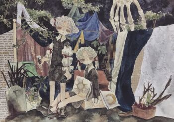 Rule 34 | 2girls, acrylic paint (medium), bare legs, black dress, blonde hair, blush, book, bottle, brown eyes, cactus, cat, closed mouth, commentary request, curly hair, dress, english text, flower, full body, grave, hair ornament, highres, holding, holding book, holding bottle, holding hands, horror (theme), karintoun, long sleeves, looking at viewer, multiple girls, night, original, outdoors, painting (medium), painting (object), paper, plant, shoes, short hair, sitting, skeleton, socks, standing, surreal, tombstone, traditional media, tree, watercolor (medium), wavy hair