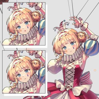 1girl :o alternate_costume arm_up armpits blue_eyes braid braided_bangs closed_mouth cropped detached_sleeves doll_joints dress grey_background hair_bun hat highres jester_cap joints kiperina marionette mossi_(mossi0816) multiple_expressions neck_ruff parted_lips puffy_short_sleeves puffy_sleeves puppet puppet_strings red_dress reverse:1999 short_hair short_sleeves single_side_bun solo sparkle_facial_mark teardrop_facial_mark upper_body wrist_cuffs