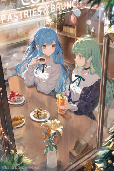 2girls bad_source bang_dream! bang_dream!_it's_mygo!!!!! blue_hair cake chenmu_sora choker copyright_notice croissant cup dress drink drinking_glass drinking_straw flower food fork frilled_choker frills fruit green_hair hair_ribbon highres holding holding_cup indoors knife lemon lemon_slice long_hair long_sleeves looking_at_another multiple_girls neck_ribbon official_art plaid_clothes plaid_dress plate ribbon second-party_source sitting strawberry strawberry_shortcake togawa_sakiko vase wakaba_mutsumi yellow_eyes