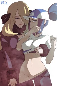 2girls bettie_(pokemon) breasts clothes_lift clothes_pull cynthia_(pokemon) hair_over_one_eye high_ponytail highres multiple_girls naughty_face navel nintendo no_panties pokemon pokemon_dppt pokemon_masters_ex ponytail pulling_another&#039;s_clothes r3dfive shirt_lift stomach undressing white_background yuri
