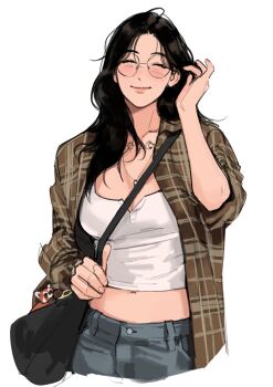 1girl bag black_hair breasts brown_shirt chest_tattoo cleavage closed_eyes closed_mouth commentary facing_viewer genderswap genderswap_(mtf) glasses grey_pants haotmeal highres k-pop long_hair medium_breasts midriff mole mole_above_mouth navel open_clothes open_shirt pants plaid_clothes plaid_shirt real_life red_panda shirt shoulder_bag simple_background solo sung_han-bin untranslatable_commentary tattoo white_background white_shirt zerobaseone