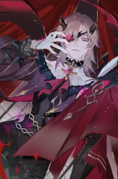 1boy aerysky amulet arm_up ascot black_horns black_shirt brown_hair cape chinese_commentary duet_night_abyss eyepatch from_below gloves highres horns looking_down phantasio_(duet_night_abyss) purple_eyes purple_sleeves red_cape shirt smirk solo white_gloves window
