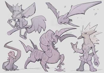 1other :3 \n/ absurdres animal_ears arm_at_side artist_name bat_(animal) closed_mouth crobat dripping fang flying full_body furry gen_2_pokemon gen_5_pokemon gen_7_pokemon gen_8_pokemon grafaiai grey_background half-closed_eyes hand_up highres lizard long_hair looking_at_viewer monkey monochrome nintendo paldean_wooper pokemon pokemon_(creature) salandit scarvii scolipede signature simple_background sitting sketch skin_fang spiked_hair spikes standing tail tongue tongue_out toxtricity toxtricity_(amped) trait_connection twitter_username upside-down