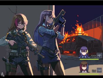 2girls against_wall alina_svard_kovalenko_(laotianaviator) assault_rifle backlighting belt blue_eyes blue_shirt brown_hair bulletproof_vest burning burning_vehicle collared_shirt commentary_request commission daewoo_k2 e79 elcan_scope facial_scar glasses grey_shirt gun handgun heterochromia holster humvee long_bangs long_hair magazine_(weapon) motor_vehicle multicolored_hair multiple_girls necktie night original pantyhose pencil_skirt pinstripe_pattern pinstripe_vest pixel_art purple_hair red_eyes rifle scar scar_on_cheek scar_on_face seoyun_kovalenko_(laotianaviator) serious shirt skirt streaked_hair suppressor thigh_holster user_interface vest weapon yellow_eyes