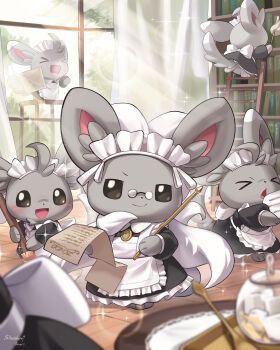 &gt;_&lt; absurdres apron black_dress blurry blurry_foreground book bookshelf broom cinccino closed_mouth clothed_pokemon commentary_request curtains dress duster evolutionary_line feather_duster gen_5_pokemon glasses highres hoishere7 holding holding_broom indoors ladder looking_at_viewer maid maid_headdress minccino nintendo no_humans paper pokemon pokemon_(creature) pokemon_focus smile sparkle standing white_apron window