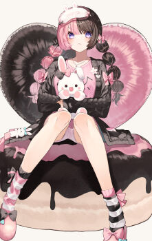 1girl asymmetrical_legwear black_hair black_jacket bow closed_mouth hair_bow hashtag-only_commentary highres jacket jewelry long_hair long_sleeves looking_at_viewer mismatched_legwear multicolored_hair necklace open_clothes open_jacket pink_bow pink_hair pink_shirt pink_slippers purple_eyes senmu_(senmudayo) shirt shorts simple_background sitting slippers socks solo split-color_hair striped_clothes striped_socks stuffed_animal stuffed_rabbit stuffed_toy tachibana_hinano two-tone_hair virtual_youtuber vspo! white_background white_shorts