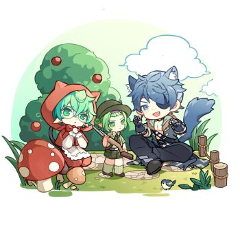 1boy 2girls :d animal animal_ear_fluff animal_ears animal_hood bird black_footwear black_gloves black_headwear black_pants blue_eyes blue_hair brown_shirt capelet character_request cloud collared_shirt commentary eyepatch fake_animal_ears family fang father_and_daughter fingerless_gloves fly_agaric flying_sweatdrops forehead glasses gloves grass green_eyes green_hair green_shirt green_shorts grey_jacket gun hair_over_one_eye hairband holding holding_gun holding_weapon hood hood_up hooded_capelet jacket linka_(xenoblade) long_sleeves mother_and_daughter multiple_girls mushroom open_clothes open_jacket open_mouth pandoria_(xenoblade) pants parted_lips pink_hairband pointy_ears red_capelet seiza shirt shoes shorts sitting smile standing tail toki0830 v-shaped_eyebrows weapon xenoblade_chronicles_(series) xenoblade_chronicles_3 zeke_von_genbu_(xenoblade)