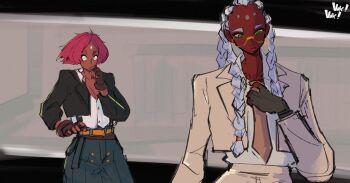 2girls bodypaint braid breasts dark-skinned_female dark_skin dolores_(kof) formal_clothes giovanna_(guilty_gear) glasses gloves gold green_eyes guilty_gear huge_breasts kobuvox large_breasts long_hair multiple_girls red_hair round_eyewear suit the_king_of_fighters thick_thighs thighs white_hair