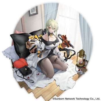 1girl ahoge black_bag black_ribbon breasts brown_pantyhose candle chinese_commentary cleavage copyright_notice curtains de_lacey_(neural_cloud) de_lacey_(pollen_pulse)_(neural_cloud) dress girls&#039;_frontline girls&#039;_frontline_neural_cloud gloves green_hair looking_at_viewer mole mole_under_mouth official_art on_cushion pantyhose ribbon sitting solo sunlight symbol-shaped_pupils vinegar_kira wariza white_dress white_gloves window x-shaped_pupils
