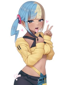 1girl absurdres aqua_hair bandeau belt black_mask black_pants blonde_hair blue_eyes blue_pants blush breasts canari_(pokemon) collarbone criss-cross_halter crop_top fang hair_ornament halterneck heart highres jacket mask mask_pull medium_breasts midriff mika_(lovdere) mouth_mask multicolored_hair navel nintendo open_mouth pants pokemon pokemon_legends:_z-a short_twintails solo split-color_hair teeth tongue tongue_out twintails two-tone_hair two-tone_mask upper_teeth_only v yellow_bandeau yellow_jacket yellow_mask