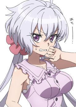 1girl ahoge breasts grey_hair highres hrd_sss large_breasts long_hair looking_at_viewer purple_eyes purple_shirt senki_zesshou_symphogear shirt sleeveless solo twintails white_background yukine_chris