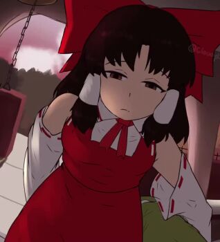 2girls animated artist_name bell bow brown_eyes brown_hair carrying carrying_person chain cloudykeyz detached_sleeves doorbell_chud_(meme) embodiment_of_scarlet_devil english_text expressionless hair_bow hair_tubes hakurei_reimu hong_meiling leaning_forward long_hair looking_at_viewer meme multiple_girls neck_ribbon orb photo-referenced red_bow red_ribbon ribbon ribbon-trimmed_sleeves ribbon_trim scarlet_devil_mansion solo sound standing tagme touhou twitter_username upper_body video yin_yang yin_yang_orb