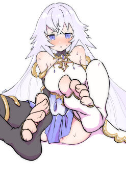 1girl absurdres breasts cleavage_cutout clothing_cutout grimms_notes highres large_breasts magic_mirror_(grimms_notes) moumatemasenn purple_eyes purple_hair simple_background sitting solo sweat white_background