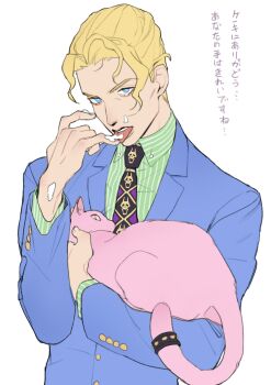 1boy absurdres animal animalization blonde_hair blue_eyes blue_suit buttoned_cuffs buttons cat collared_shirt commentary_request cream curtained_hair diamond_wa_kudakenai formal_clothes green_shirt highres holding holding_animal holding_cat jacket jojo_no_kimyou_na_bouken keapriciti killer_queen kira_yoshikage lapels layered_sleeves licking licking_finger long_sleeves looking_ahead looking_at_viewer male_focus notched_lapels patterned_clothing pink_fur pinstripe_pattern pinstripe_shirt shirt short_hair sideburns skull_print solo stand_(jojo) suit suit_jacket tongue tongue_out translation_request white_background wing_collar