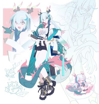 1girl ? arknights black_shorts blue_eyes blue_skin breasts chibi closed_mouth colored_extremities colored_skin commentary_request dragon_girl dragon_horns dragon_tail drink_carton genderswap genderswap_(mtf) gradient_eyes highres holding holding_brush holding_drink_carton holding_juice_box holding_sword holding_weapon horns juice_box large_breasts multicolored_eyes multiple_views no_socks one_eye_closed open_mouth paper pink_background pink_eyes pointing sandals shime52631 shirt shorts simple_background smile solo sparkle sparkling_eyes sword tail weapon white_background white_shirt yawning yi_(arknights)