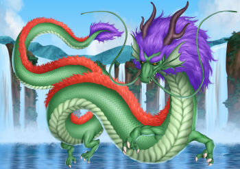 1girl abremson absurdres antlers claws dragon dragon_claw dragon_girl dragon_horns dragon_tail eastern_dragon fins floating flying forest hair_ornament head_fins highres horns lake levitation long_hair monster monster_girl monster_girl_encyclopedia mountain nature purple_hair ryu_(monster_girl_encyclopedia) slit_pupils tail transformation tree variant_set very_long_hair water waterfall yellow_eyes