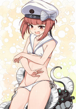 1girl absurdres abyssal_ship bare_arms bare_legs bare_shoulders bikini blush clothes_writing collarbone cowboy_shot enemy_naval_mine_(kancolle) groin hat highres kanmiya_shinobu kantai_collection open_mouth red_eyes red_hair sailor_bikini sailor_collar sailor_hat short_hair solo swimsuit tentacles white_bikini white_hat white_sailor_collar z3_max_schultz_(kancolle) z3_max_schultz_(swimsuit)_(kancolle)