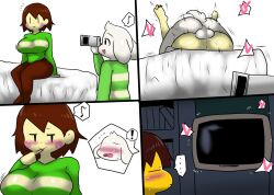 Rule 34 | 1girl, 2boys, asriel dreemurr, ass, breasts, brown hair, chara (undertale), clothed female nude male, clothed sex, clothes, colored skin, enigi09, erection, fellatio, frisk (undertale), furry, furry male, furry with non-furry, grabbing, grabbing another&#039;s breast, heart, highres, huge testicles, interspecies, kiss, large breasts, leg up, lying, lying on person, mating press, medium hair, multiple boys, nude, on person, open mouth, oral, partially undressed, sex, speech bubble, testicles, tongue, tongue out, undertale, vaginal, yellow skin