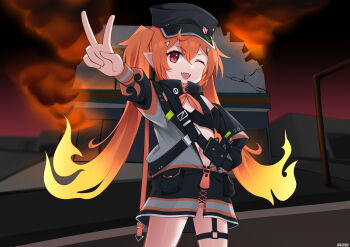1girl absurdres alceid artist_name blurry blurry_background building commission crack enya_ignis fangs fire hair_ornament hairclip hat highres chromashift jacket knee_up knees_up long_hair multicolored_hair nose orange_hair outdoors pants pocket pointy_ears red_eyes road skin_fangs smoke standing street twintails v virtual_youtuber window wing zipper