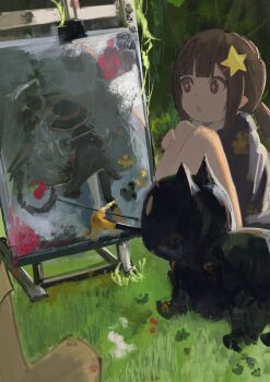 2girls absurdres asphyxiation asymmetrical_legwear bandaged_leg bandages black_eyes brown_hair canvas_(object) cat chomusuke concrete drowning face_down fallen_down from_above grass hair_ornament hat highres komekko kono_subarashii_sekai_ni_shukufuku_wo! koukouya megumin mismatched_legwear mud multiple_girls outdoors painting_(action) partially_submerged ponytail sitting solo staff star-shaped_pupils star_(symbol) star_hair_ornament symbol-shaped_pupils thighhighs triangle_mouth water witch_hat