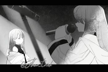 2girls aoki_hina bang_dream! bang_dream!_it&#039;s_mygo!!!!! commentary_request greyscale highres holding holding_weapon jacket jhon_trick kaname_raana long_hair microphone monochrome multiple_girls off_shoulder real_life shirt sleeveless sleeveless_shirt takamatsu_tomori twitter_username voice_actor weapon youmiya_hina