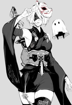 1girl 2b_(nier:automata) absurdres bare_shoulders blindfold breasts commentary fox_mask ghost gloves grey_background greyscale hand_up highres japanese_clothes kimono lips long_hair mama_(nier) mask mask_on_head medium_breasts mole mole_under_mouth monochrome nier:automata nier_(series) nishiii26miii obi parted_lips revision sash short_hair short_kimono simple_background sword symbol-only_commentary thighhighs very_long_hair virtuous_contract weapon wide_sleeves zettai_ryouiki