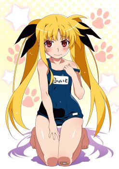 1girl bandaid bandaid_on_knee bandaid_on_leg blonde_hair fate_testarossa flat_chest gesugesu_ahoaho hand_on_own_leg hashtag-only_commentary highres kneeling long_hair looking_at_viewer lyrical_nanoha mahou_shoujo_lyrical_nanoha paw_print paw_print_background red_eyes ribbon school_swimsuit solo star_(symbol) star_symbol_background swimsuit twintails very_long_hair watanabe_akio_(style)