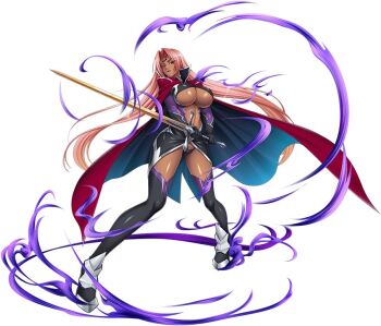 breasts cape curvy dark-skinned_female dark_skin fighting_stance full_body holding holding_sword holding_weapon ingrid_(taimanin_asagi) kagami_hirotaka large_breasts long_hair otogi_frontier pink_hair revealing_clothes shiny_skin sword taimanin_(series) taimanin_murasaki taimanin_rpgx thong weapon wide_hips