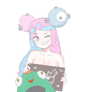 1girl bellibolt blue_hair bow-shaped_hair breasts character_hair_ornament collarbone commentary_request grin hair_ornament head_tilt heart heart_print highres holding holding_sign iono_(pokemon) jiang_jiang_(swpv5248) long_hair multicolored_hair nintendo one_eye_closed pokemon pokemon_(creature) pokemon_sv purple_eyes purple_hair sign simple_background smile teeth two-tone_hair white_background
